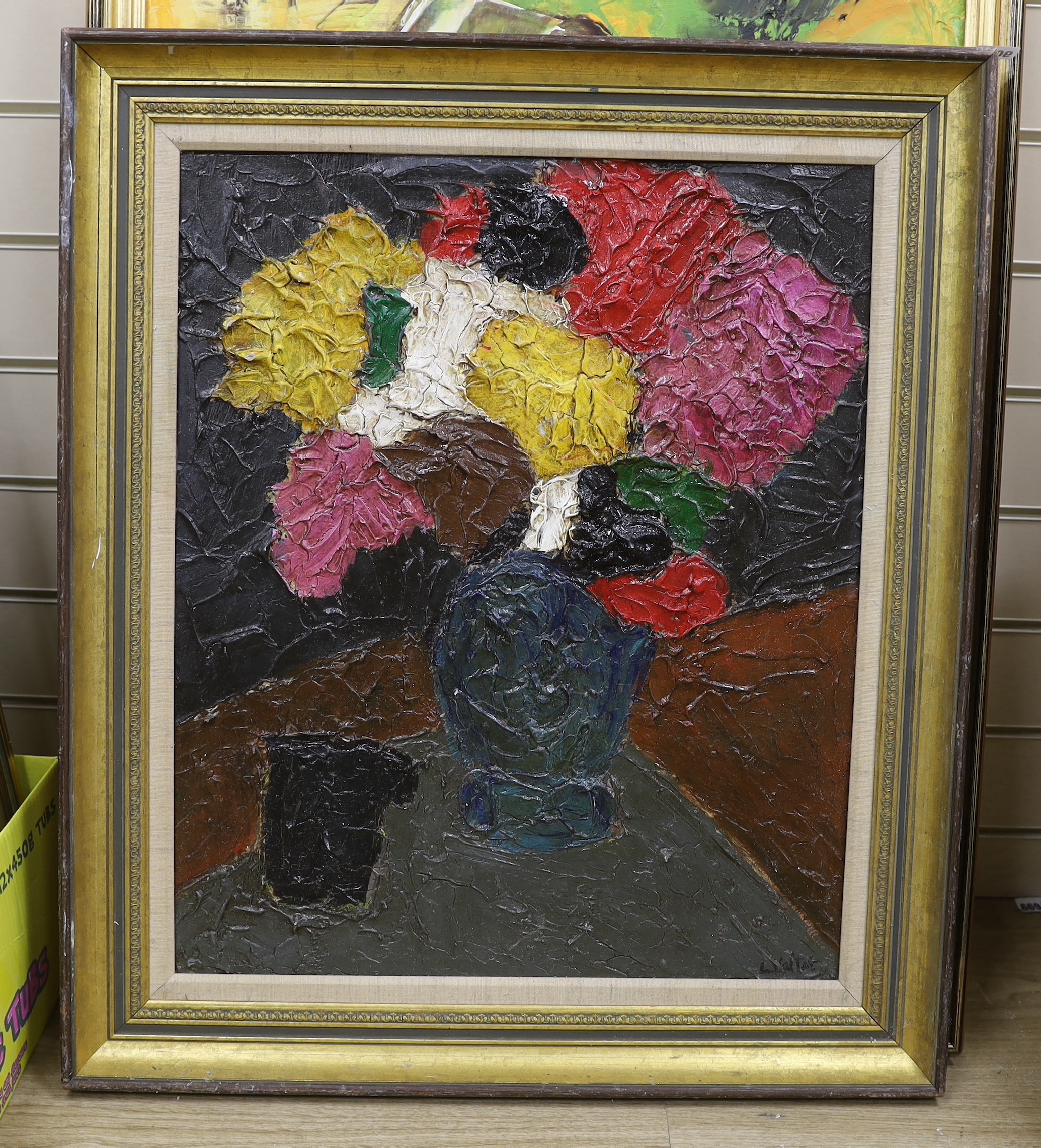 Fauvist style, impasto oil on board, Abstract composition, Still life of flowers in a vase, 60 x 49cm